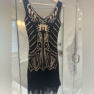 Black 1920s Sequin Fringed Flapper Dress NWOT Size S